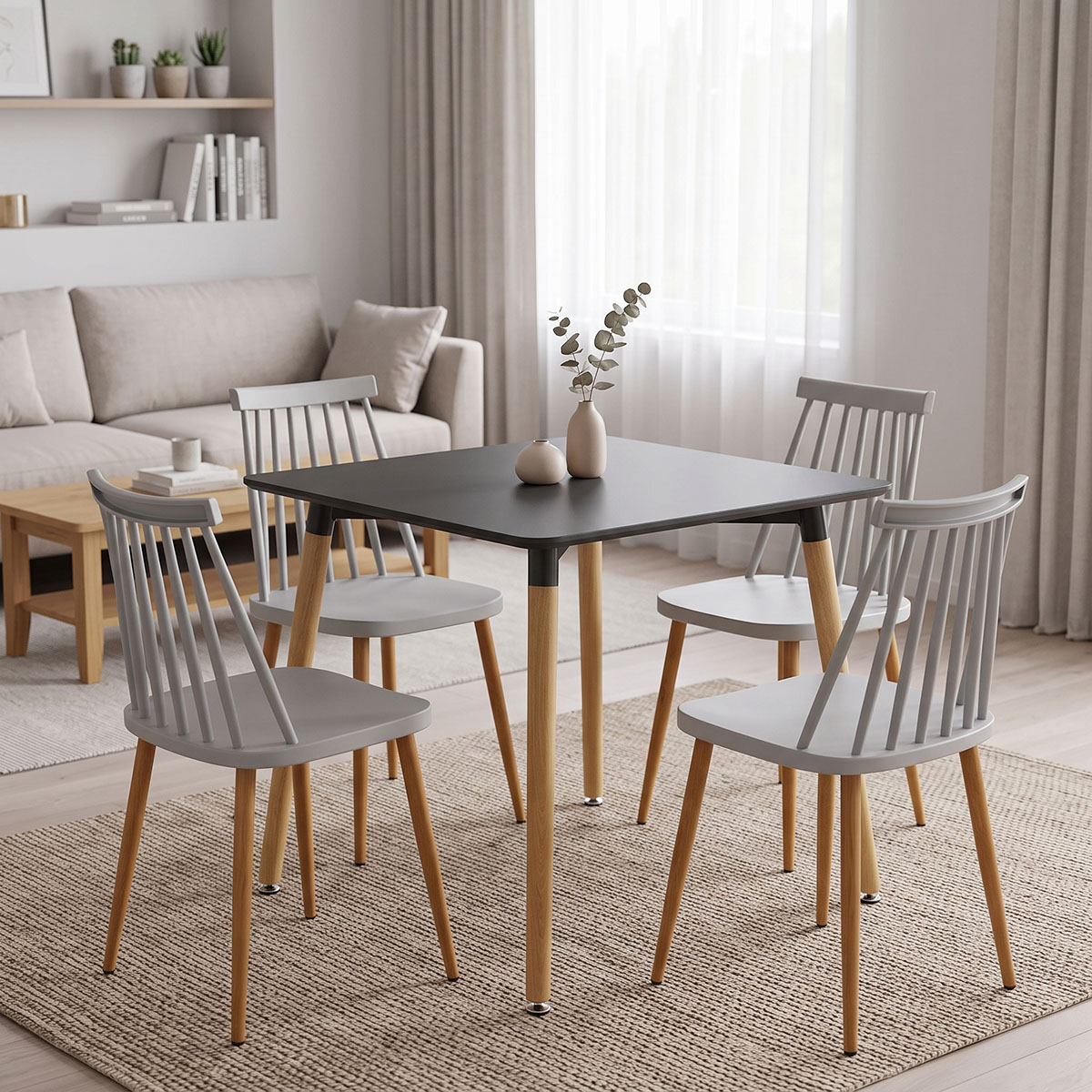 200-002009 Dining Set with Chairs Aurora white Natali Table black 80x80x76cm Set of 5pcs - Слика 1