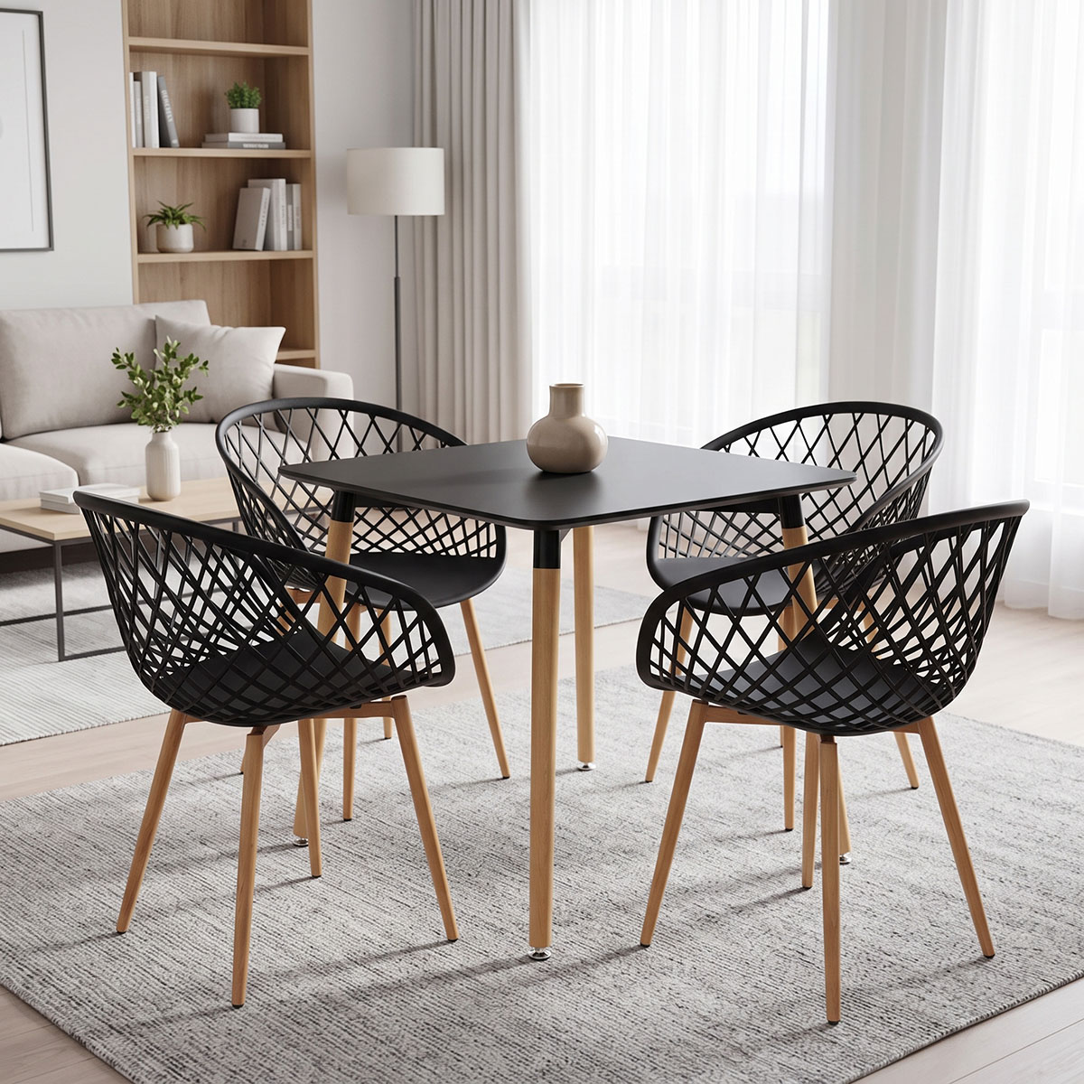 200-002010 Dining Set with Armchairs Ezra black Natali Table black 80x80x76cm Set of 5pcs - Image 1