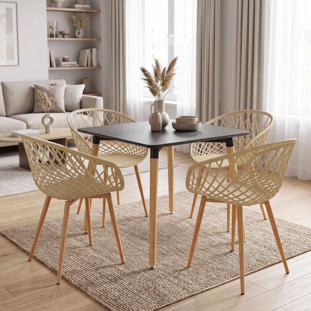 200-002011 Dining Set with Armchairs Ezra cappuccino Natali Table black 80x80x76cm Set of 5pcs - Image 1