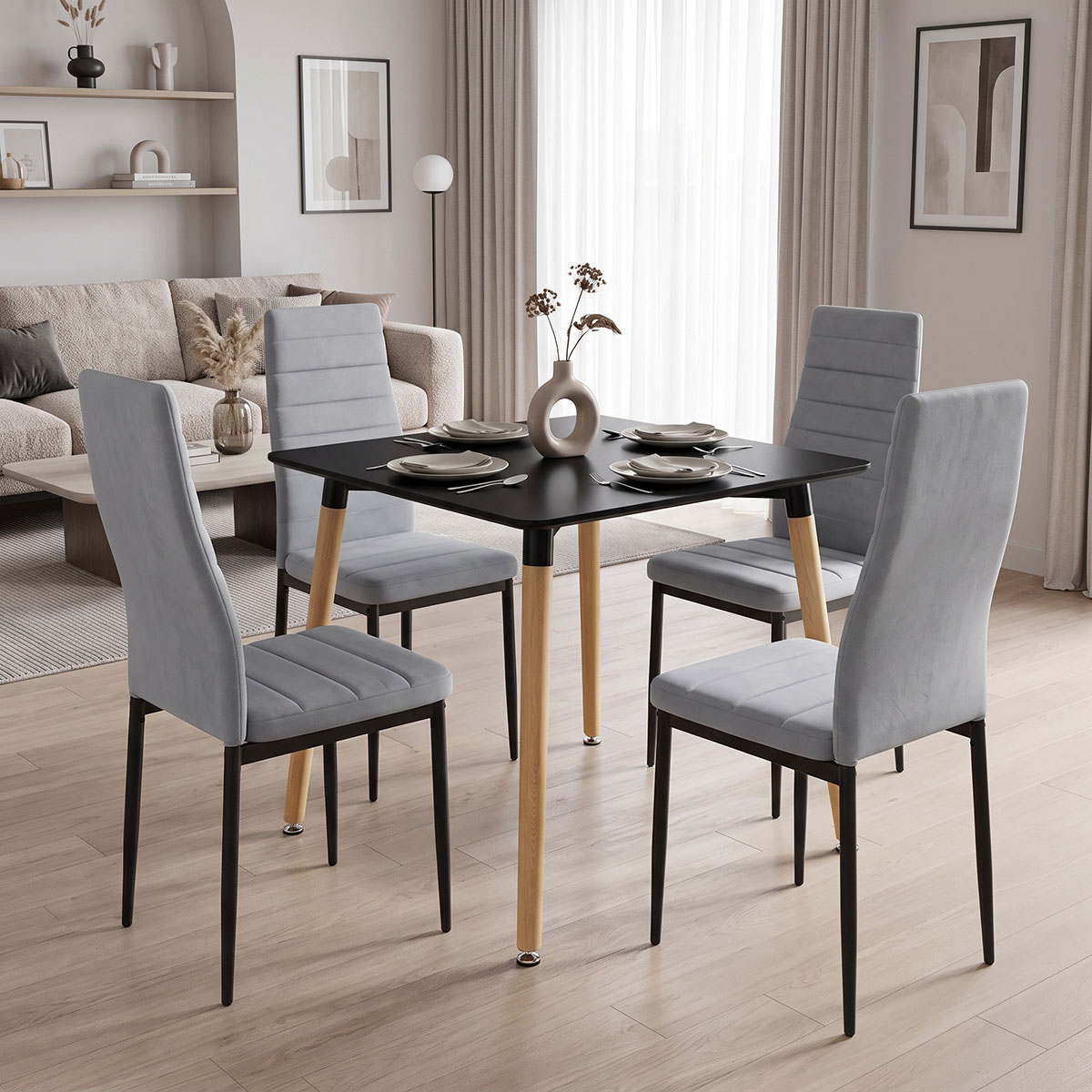 200-002012 Dining Set with Chairs Parker grey Natali Table black 80x80x76cm Set of 5pcs - Image 1