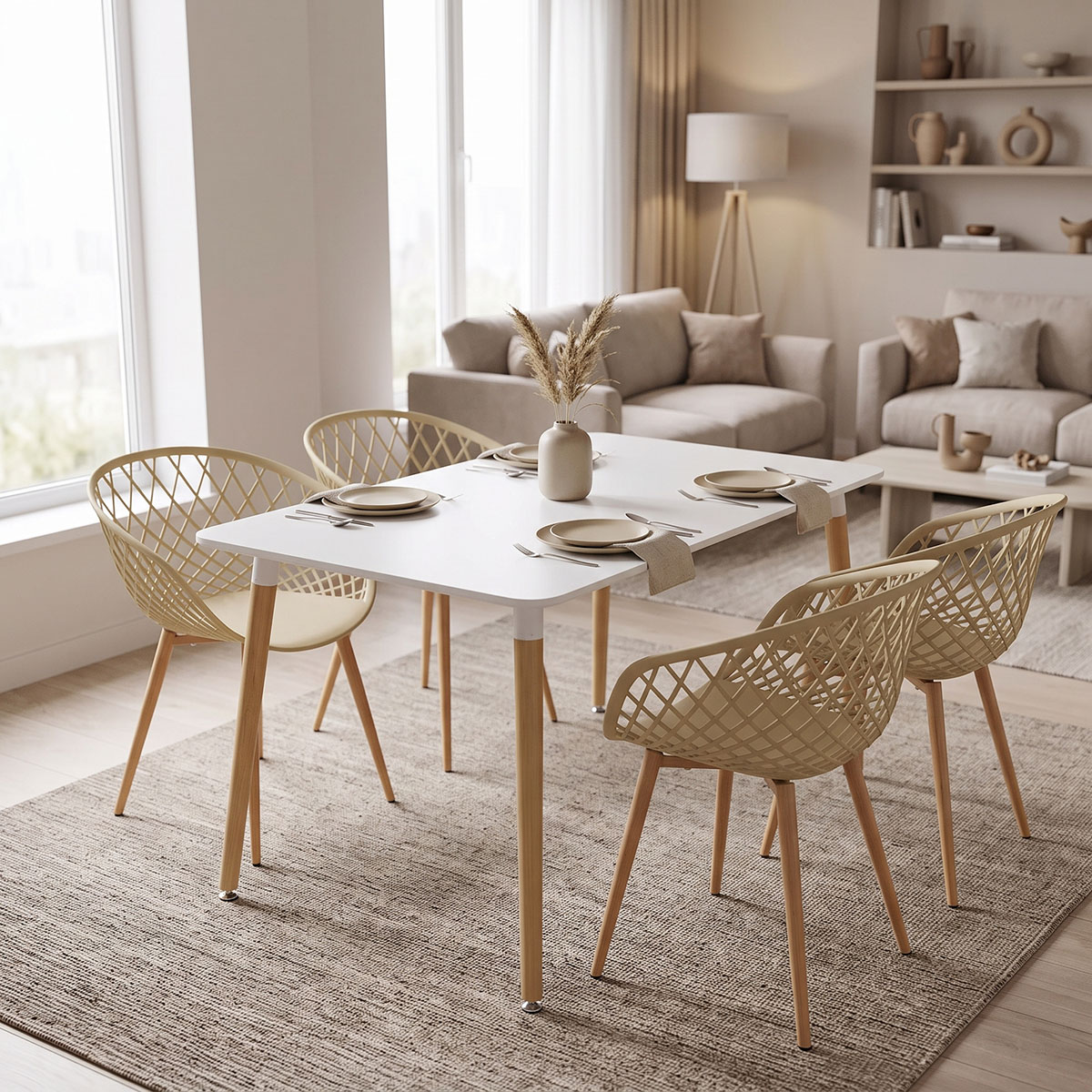 200-002017 Dining Set with Armchairs Ezra cappuccino Natali Table white 80x80x76cm Set of 5pcs - Image 1