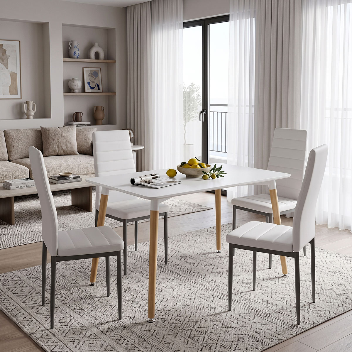 200-002018 Dining Set with Chairs Parker beige Natali Table white 80x80x76cm Set of 5pcs - Слика 1
