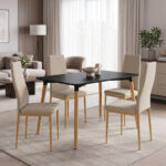 Parker Dining Set with beige Chairs & Natali Black Table 120x80x76cm  5Piece Set