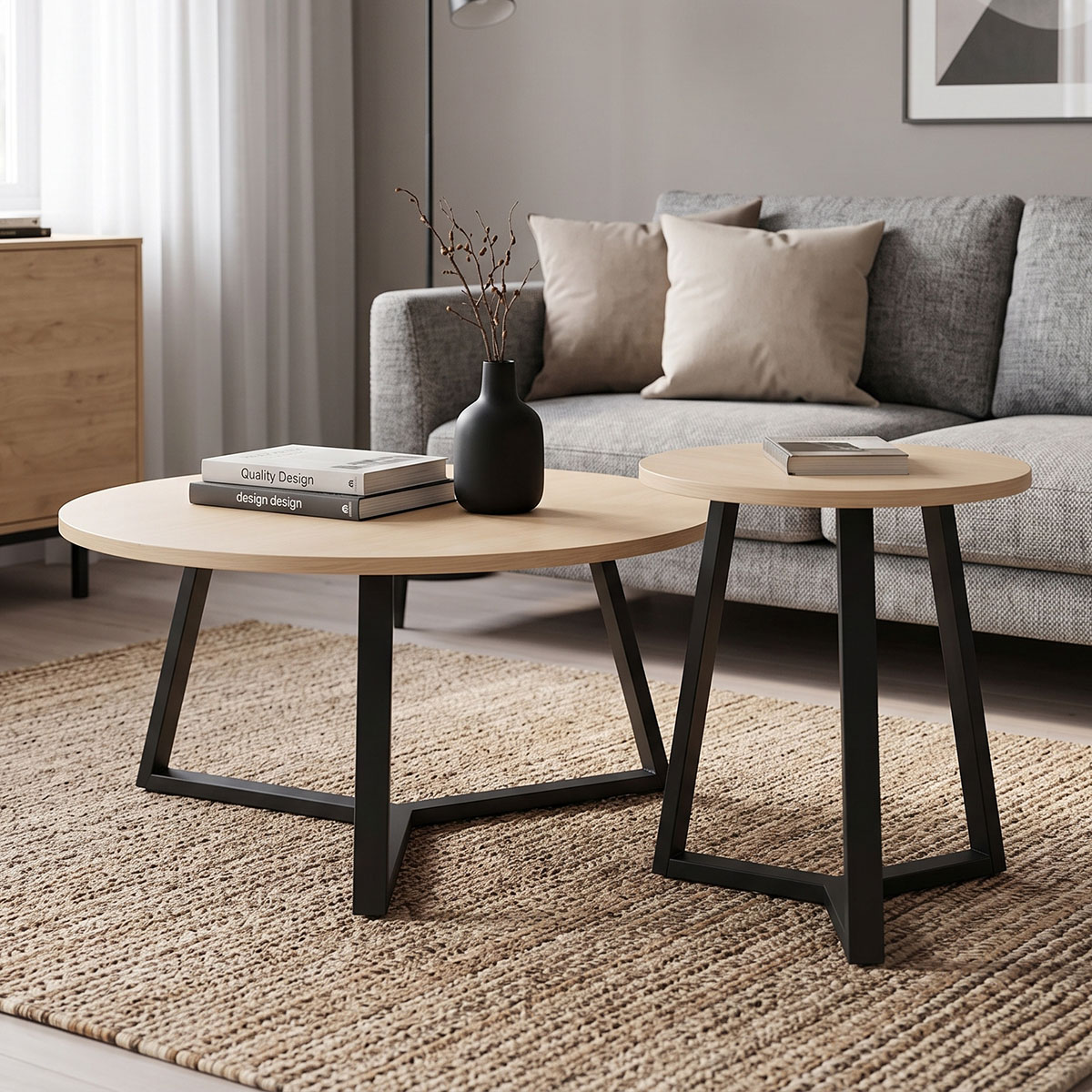 200-002058 Berton living room tables 2pcs in natural color with black metal - Image 1