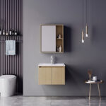 Chinky Mentis vanity with washbasin faucet and mirror in oak and chrome
