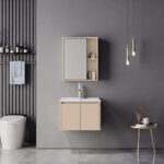 Chinky Mentis vanity with washbasin faucet and mirror in cappuccino and chrome