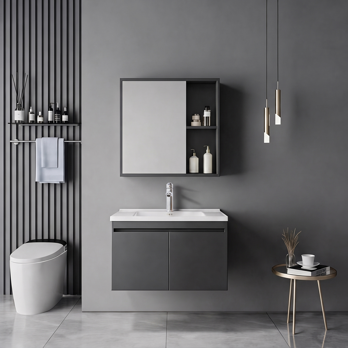 200-002066 Sinkea Mentis vanity with washbasin faucet and mirror in anthracite and chrome - Image 1