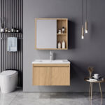 Sinkea Mentis vanity with washbasin faucet and mirror in oak color and chrome
