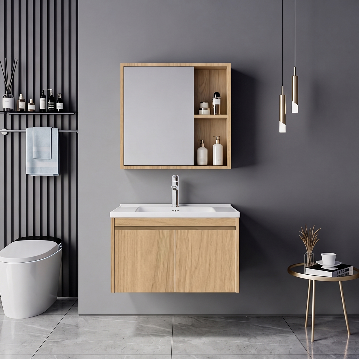 200-002068 Sinkea Mentis vanity with washbasin faucet and mirror in oak color and chrome - Image 1