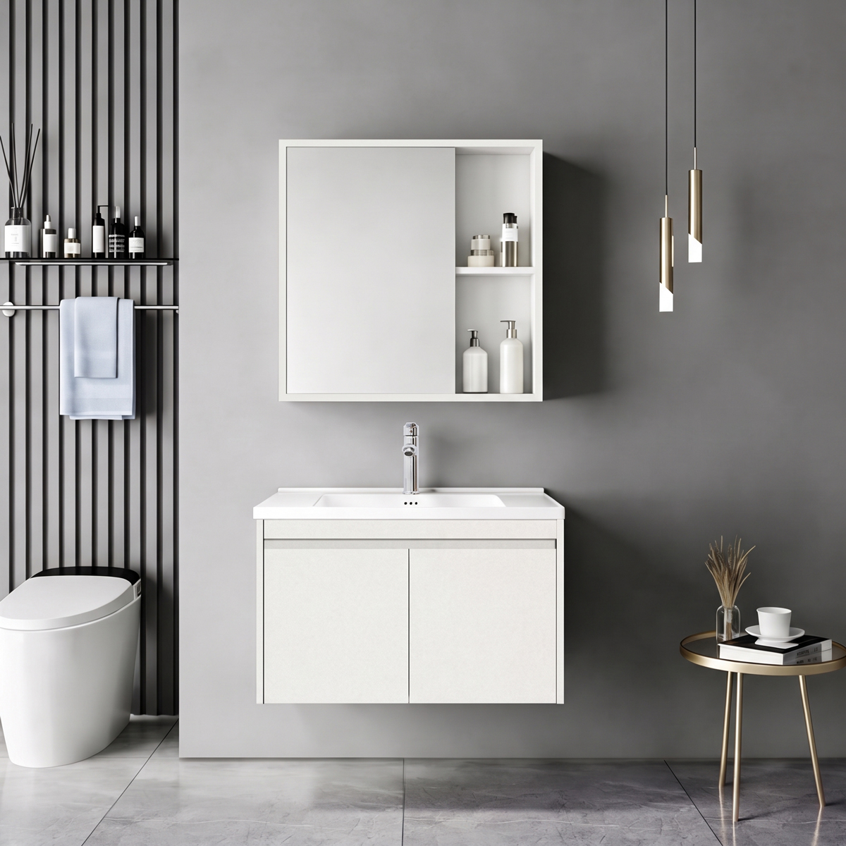 200-002069 Sinkea Mentis vanity with washbasin faucet and mirror in white color and chrome - Image 1