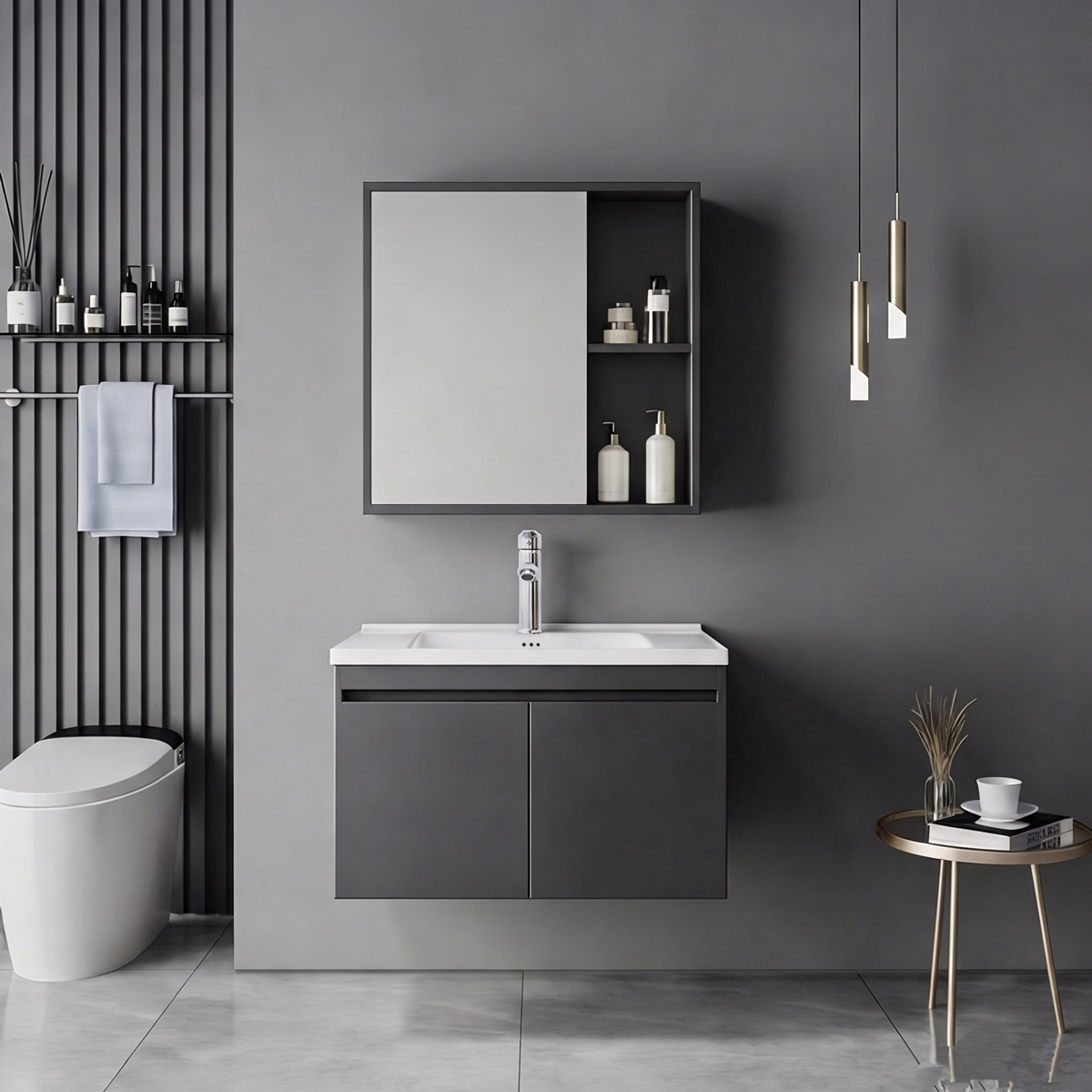 200-002070 Sinkea Mentis vanity with washbasin faucet and mirror in anthracite color and chrome - Image 1