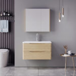 Tzouena Mentis vanity with washbasin faucet and mirror in oak and chrome