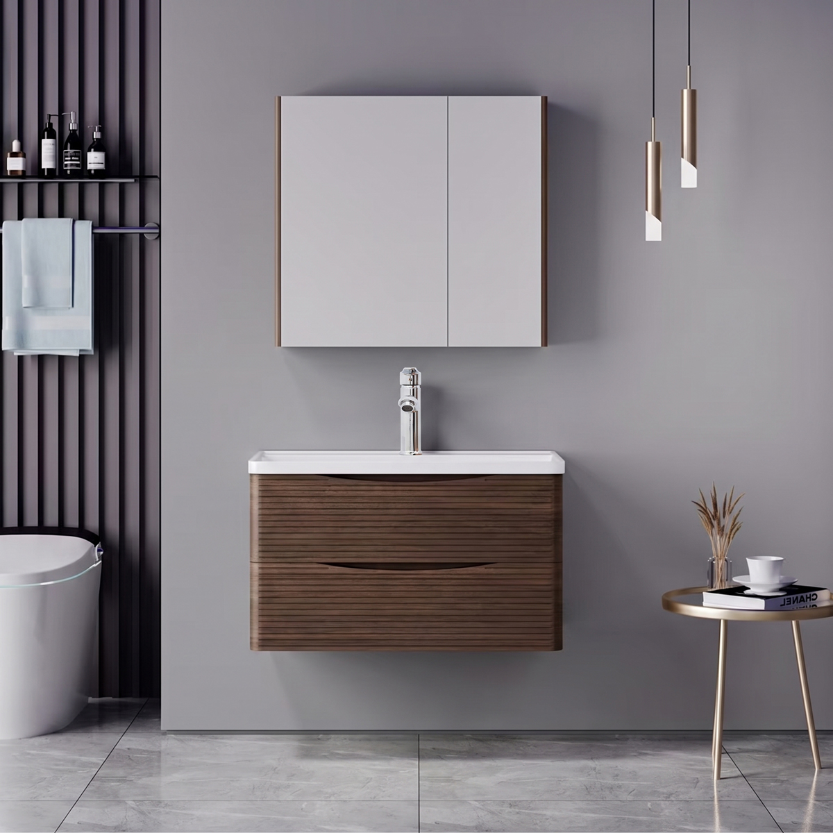 200-002078 Tzouena Mentis vanity with washbasin faucet and mirror in walnut and chrome - Слика 1