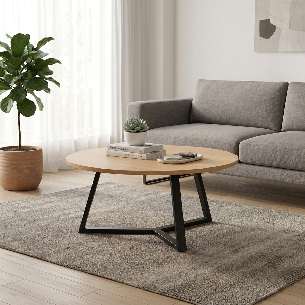 225-000095 Coffee table Berton in natural color and black metal D80x40cm - Image 1