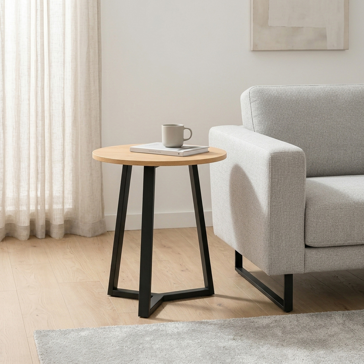 225-000096 Side table Berton in natural color and black metal D45x52cm - Image 1