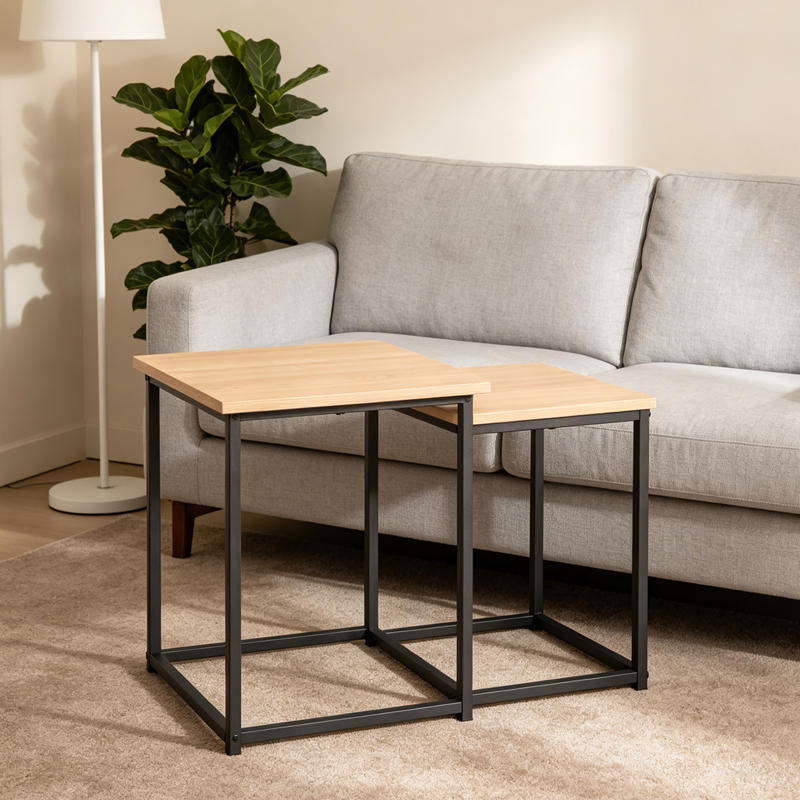 225-000097 Side tables Quano set 2 pieces in natural color and black metal - Image 1