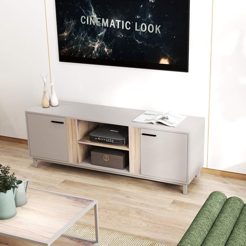225-000099 Tv stand Polenio taupe with natural color 150x40x53cm - Image 1