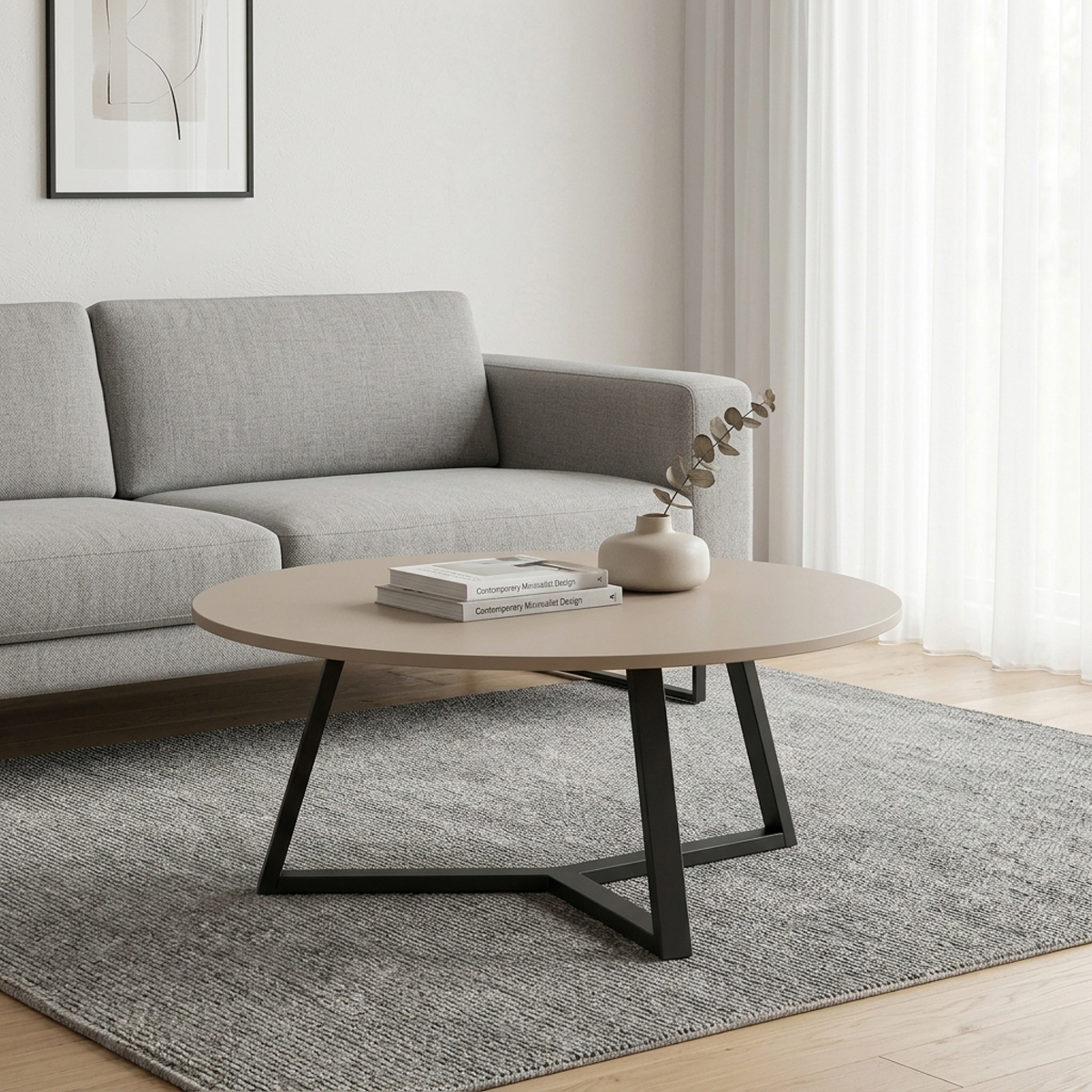 225-000100 Coffee table Berton taupe with black metal D80x40cm - Слика 1