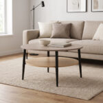 Coffee table Kody taupe with oak and black metal D80x45cm