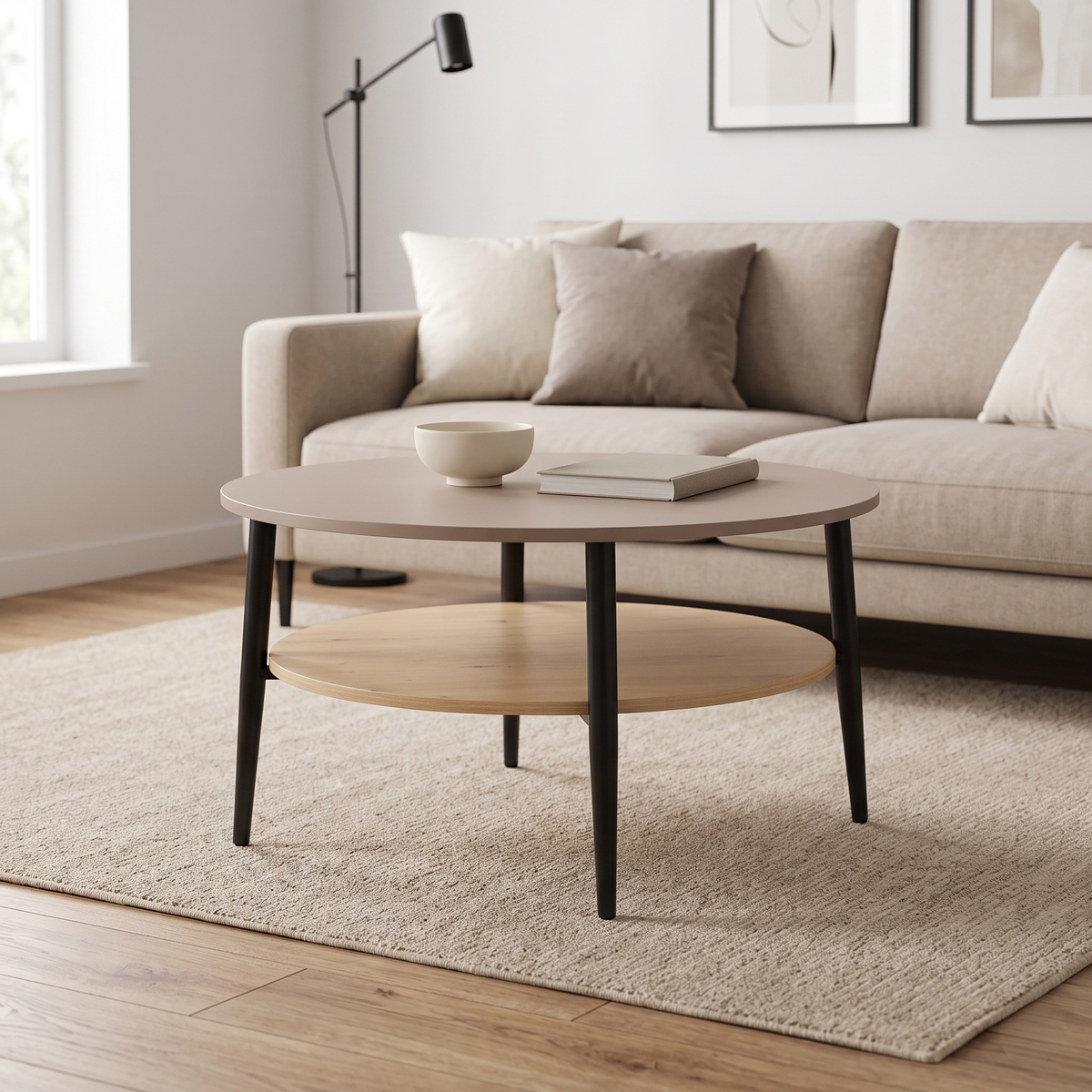 225-000102 Coffee table Kody taupe with oak and black metal D80x45cm - Слика 1