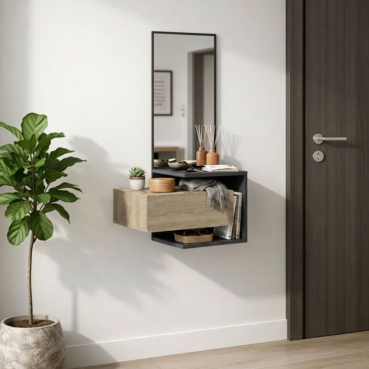 230-000201 Kendi wall-mounted entrance furniture with mirror in anthracite-sonoma 49.1x31.3x90cm - Image 1
