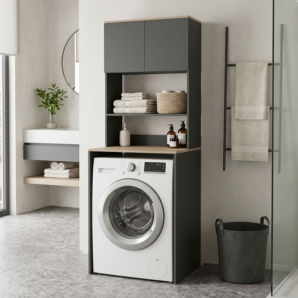 230-000203 Laundry furniture Chaxe anthracite-sonoma 65x32.5x183.6cm - Image 1