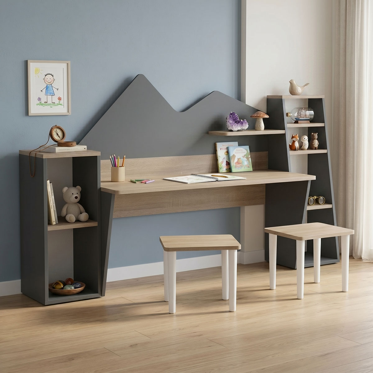 230-000208 Children's desk with stool Dualto sonoma-anthracite 180x30x93.6cm - Image 1