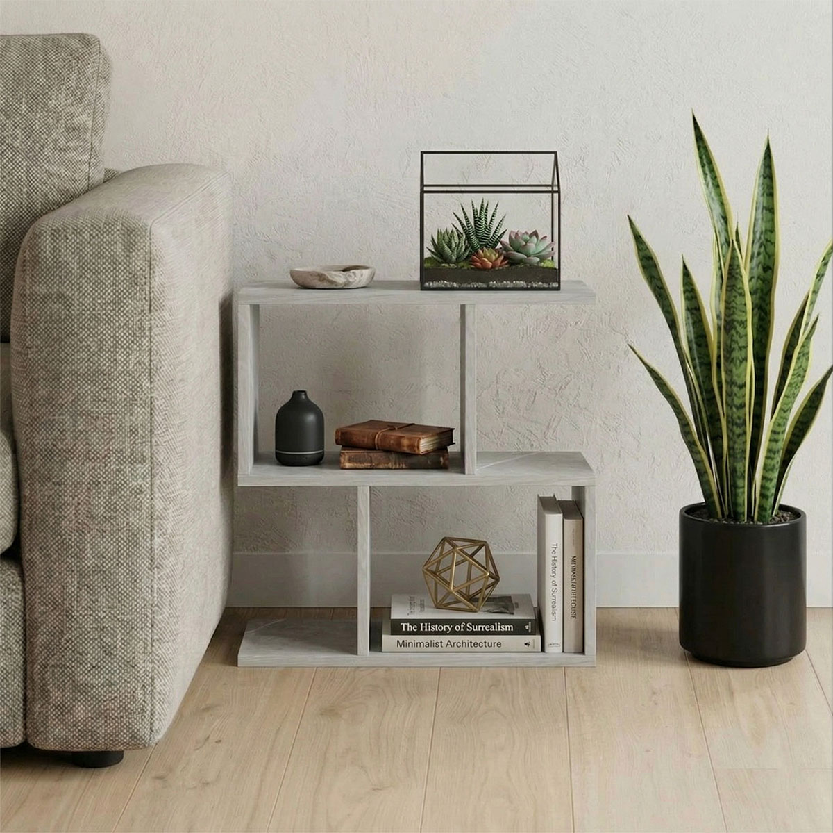 230-000231 Wesmol side table-bookcase grey marble look 50x20x50cm - Image 1
