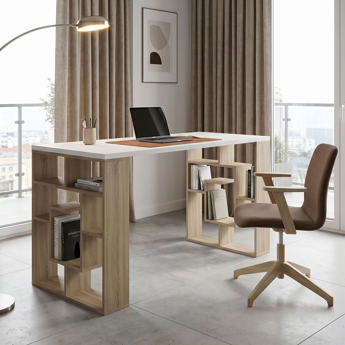230-000236 Office desk with shelf Lovet sonoma-white 140x60x72cm - Слика 1