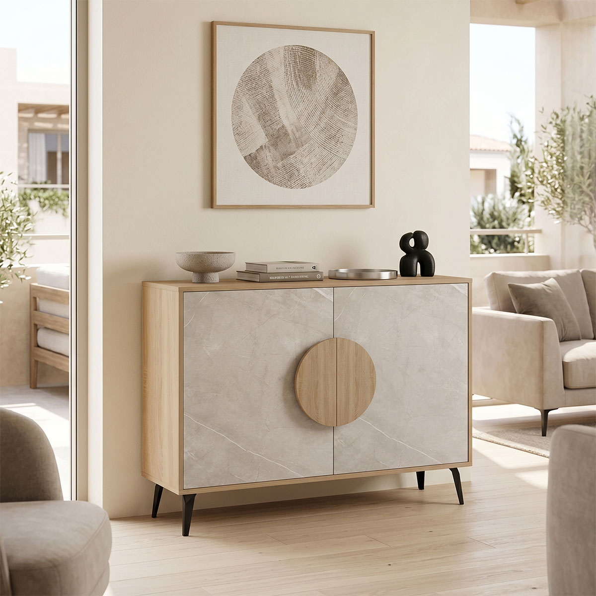 230-000239 Buffet Gora sonoma -beige marble look110x35.5x82cm - Слика 1