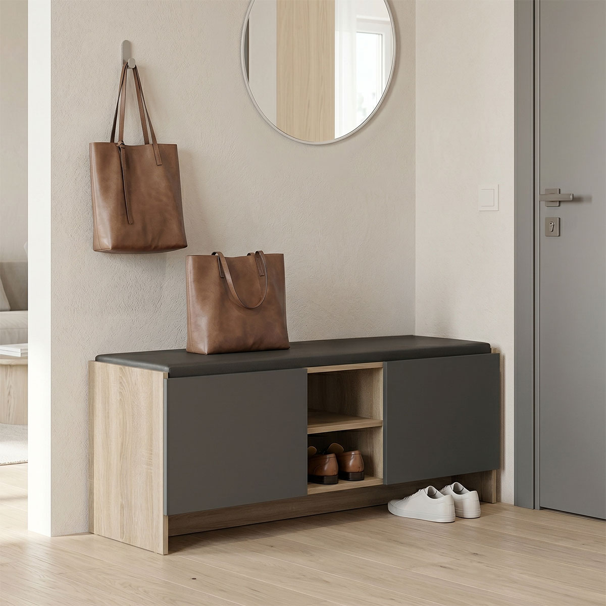 230-000241 Entrance furniture stool-shoe rack Zulla 10 pairs sonoma-anthracite 110x37x43cm - Image 1