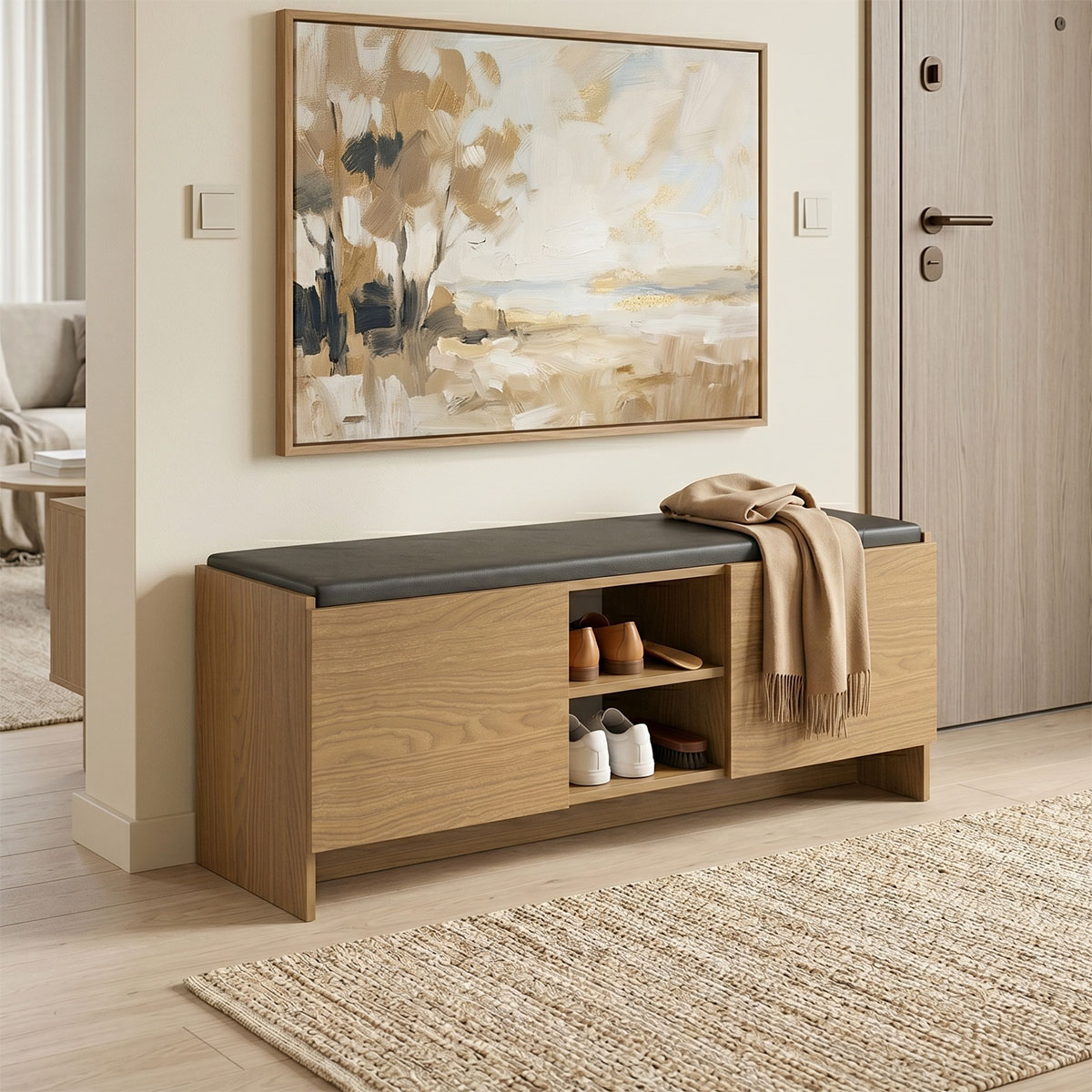 230-000242 Entrance furniture stool-shoe rack Zulla 10 pairs light walnut 110x37x43cm - Image 1