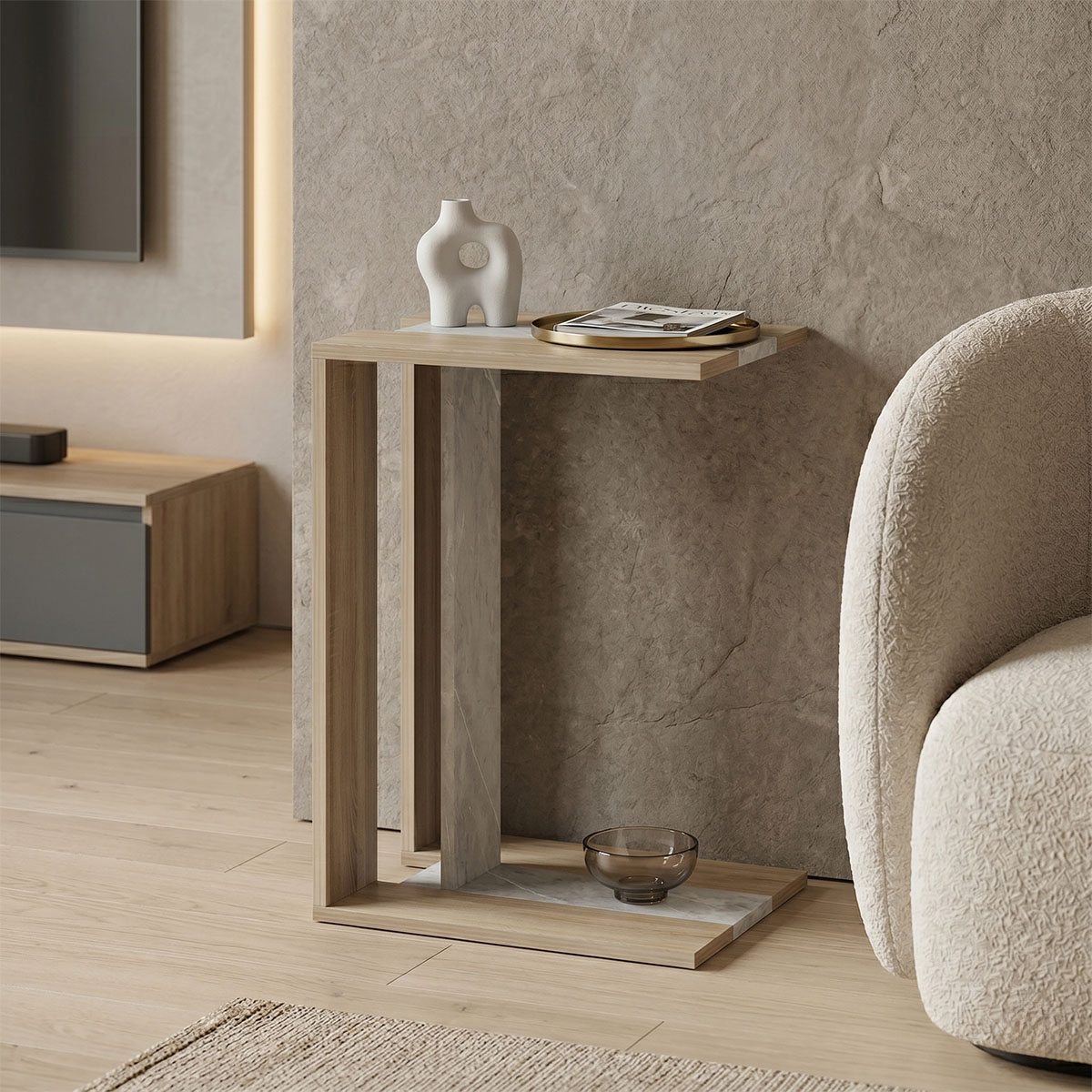 230-000249 Muju sonoma side table - beige marble look 30x40x55cm - Image 1