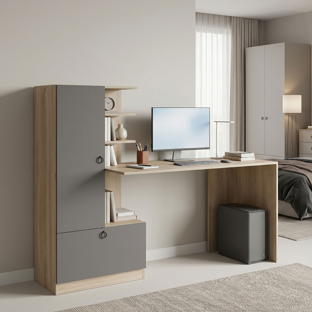 230-000260 Desk with bookcase Felanbo sonoma-anthracite 160x60x125cm - Слика 1
