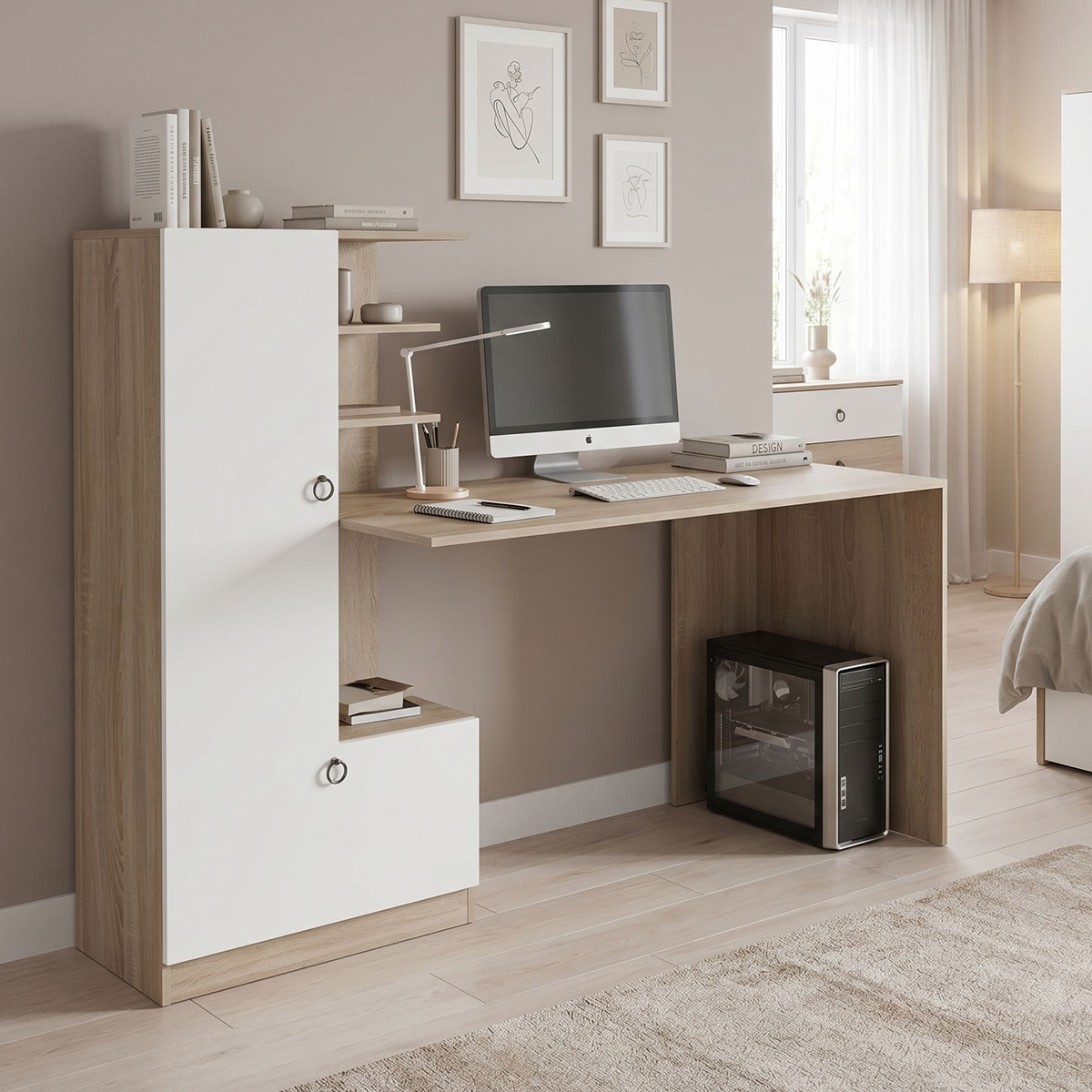 230-000261 Desk with bookcase Felanbo sonoma-white 160x60x125cm - Image 1