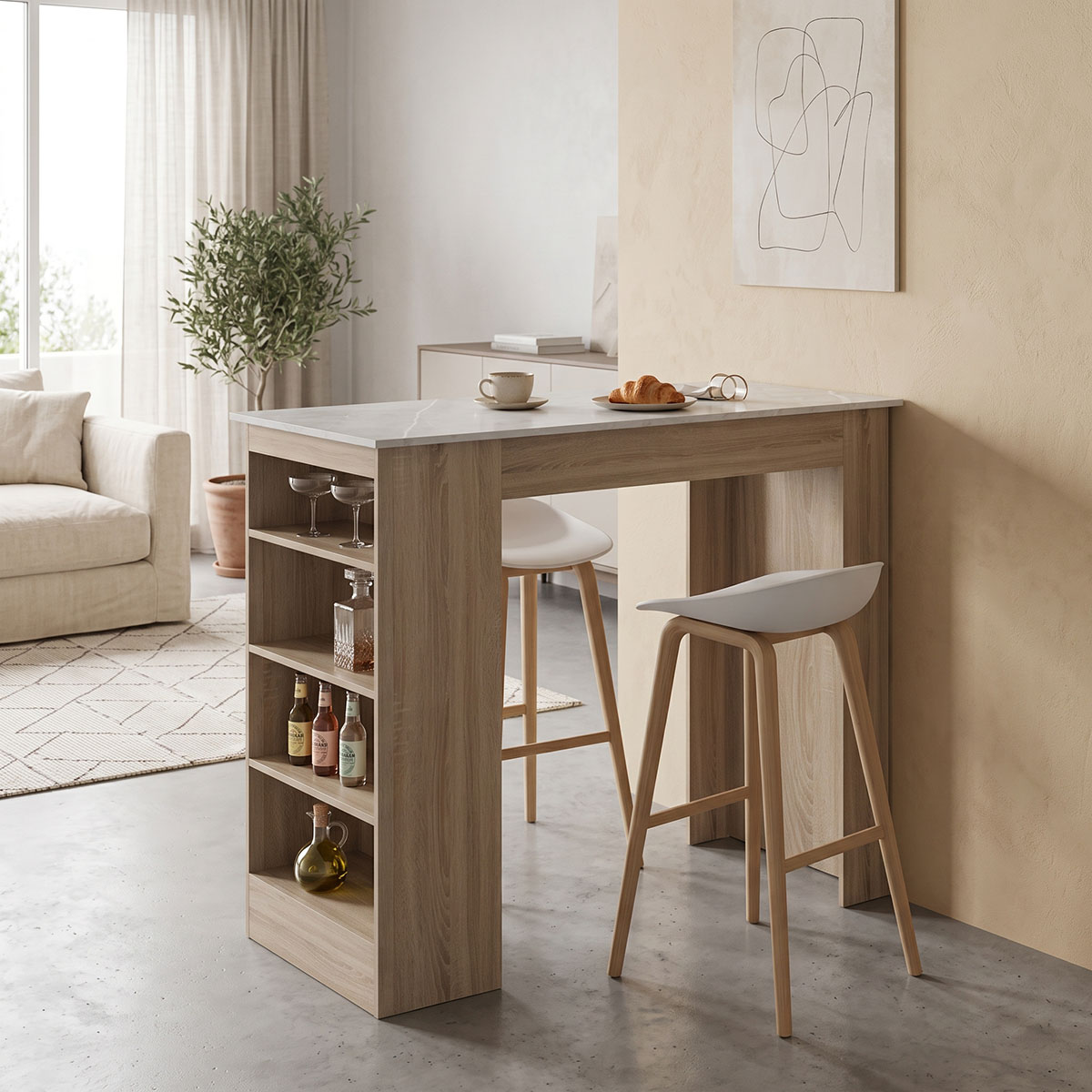 230-000263 Bar table Riff sonoma-surface in beige marble look 120x55x105cm - Image 1