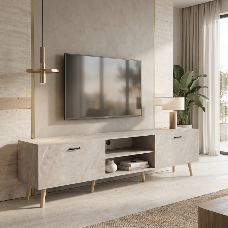 230-000268 TV stand Gorna beige marble look 180x35x48.6cm - Image 1