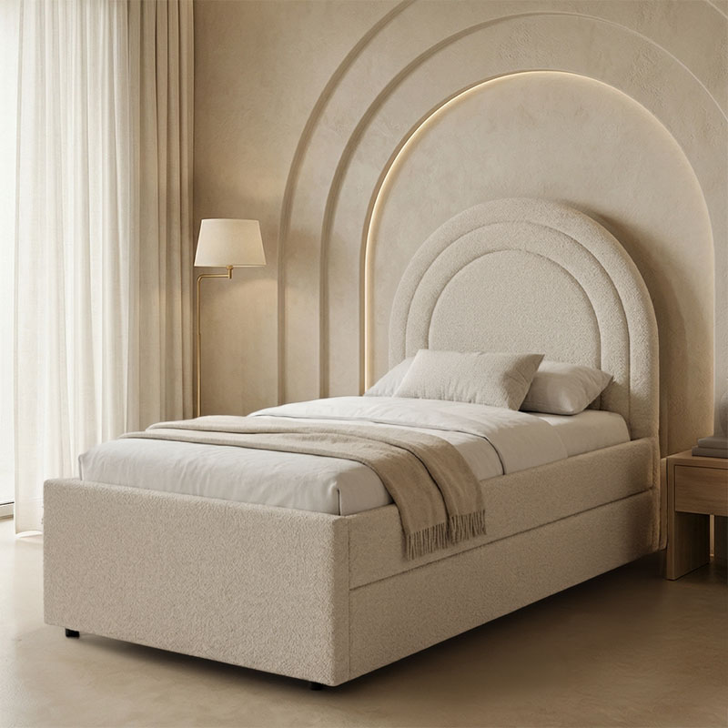 234-000025 Arcuate bed beige boucle fabric with sliding bed 90x200cm - Image 1
