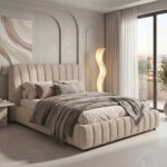 Double bed Leblank beige fabric with storage space 160x200cm