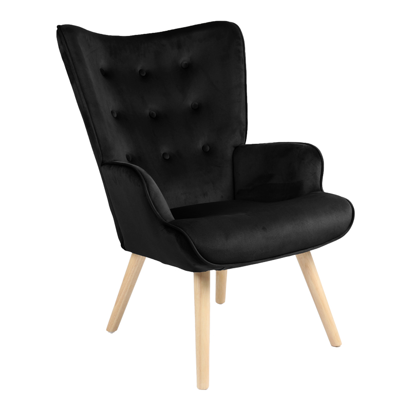 255-000086 Armchair Fluffy velvet fabric black-natural color leg 75x69x96cm - Image 1