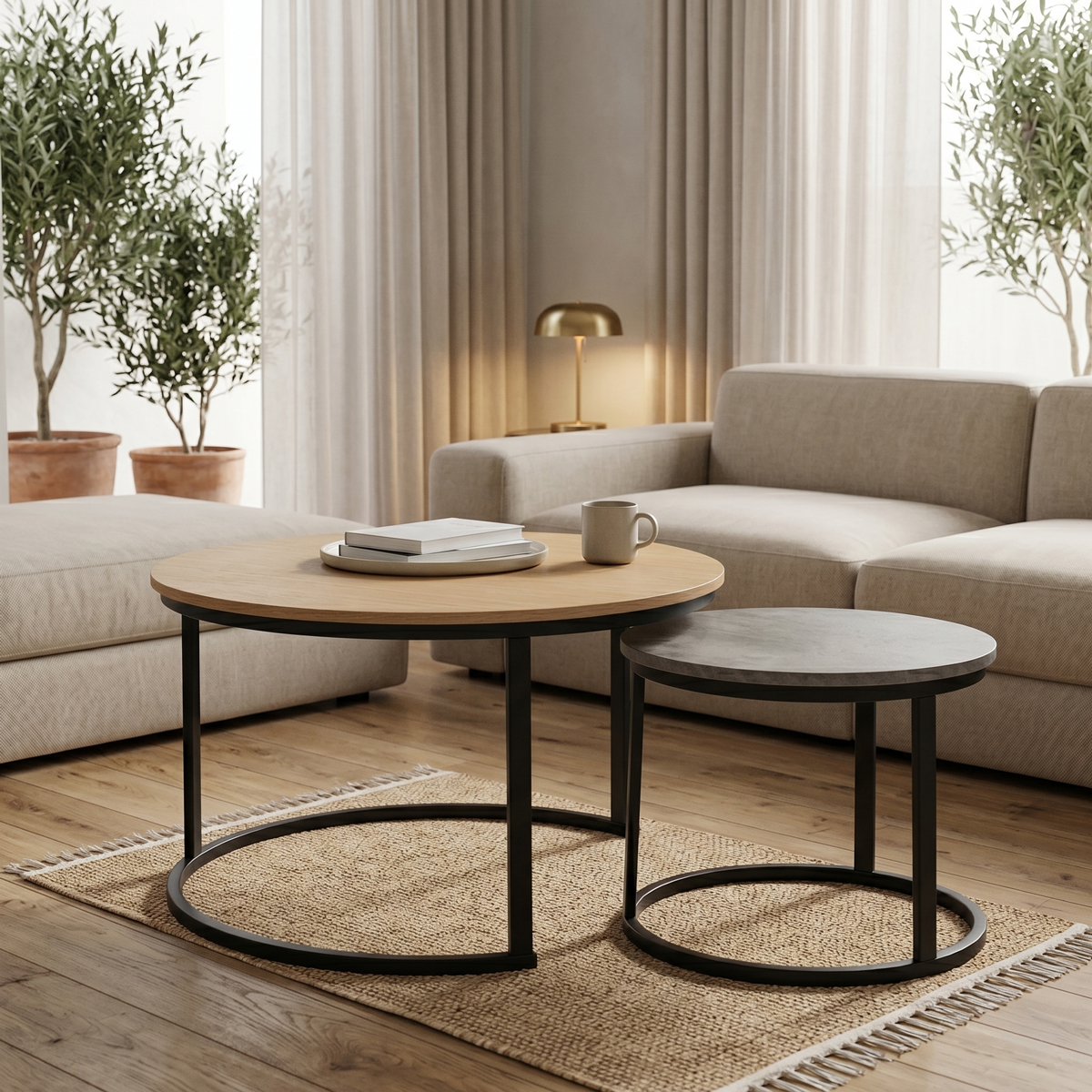 271-000050 Coffee tables Solme I set 2pcs oak with antique grey and black metal legs - Слика 1