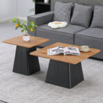 Square coffee tables set of 2 pcs black metal-mdf in natural shade