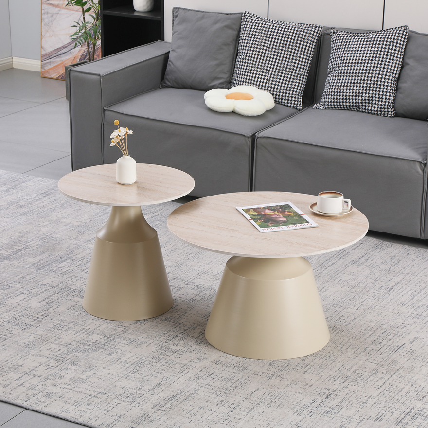 278-000048 Sculpt coffee tables set of 2 cappuccino metal-sintered stone in traverten look - Image 1