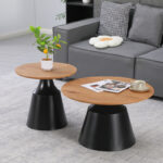 Parquet coffee tables set of 2 black metal- mdf in natural shade
