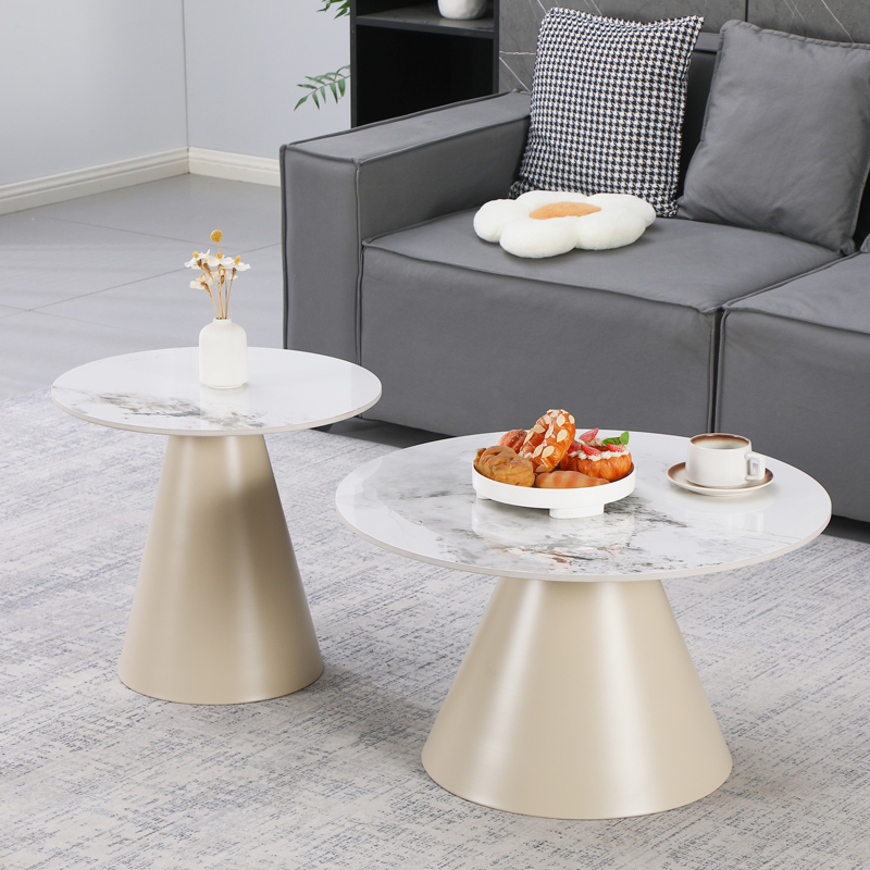 278-000056 Duoma coffee tables set of 2, cappuccino metal - travertine with marble effect - Слика 1