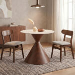 Horas table, walnut metal - white with marble effect, D80x75cm