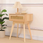 Bedside table Scandy pine wood-rattan in natural color 48x36x55cm