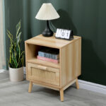 Bedside table Scandy with shelf pine wood-rattan in natural color 40x39.5x55cm
