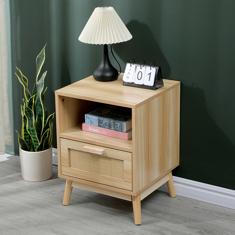 370-000038 Bedside table Scandy with shelf pine wood-rattan in natural color 40x39.5x55cm - Image 1