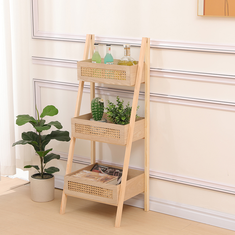 370-000040 Floor 3-tier shelf Scandy pine wood-rattan in natural color 44x37x110cm - Image 1